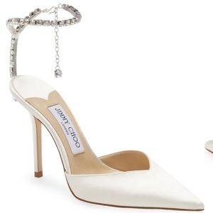 Jimmy Choo Saeda Crystal Ankle Strap Pointed Toe Pump in Ivory with box